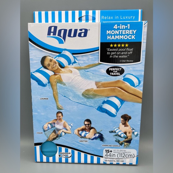 Aqua Inflatable 4 In 1 Monterey Hammock Pool Float, Blue & White Stripes NEW - Picture 3 of 5